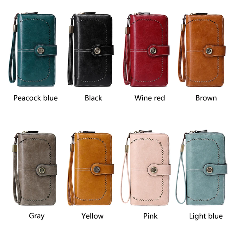 RFID anti-theft brush Retro large capacity long wallet Multi-card women's wallet Multi-function zipper wallet with wrist strap 5