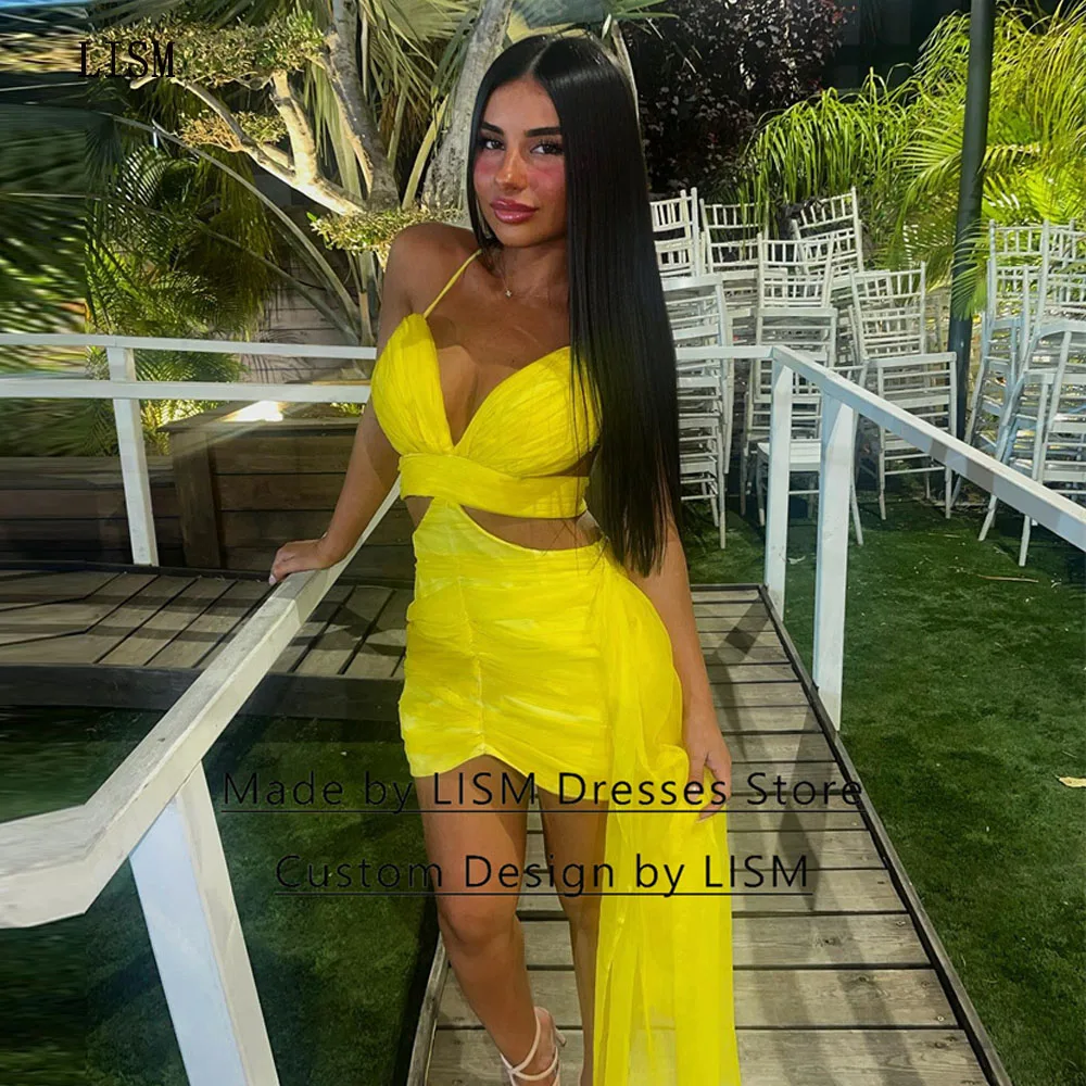 

LISM Yellow Sweetheart Short Hollow Spaghetti Straps Beach Party Dress Simple Evening Prom Gowns Charming Kokteyl Elbiseleri