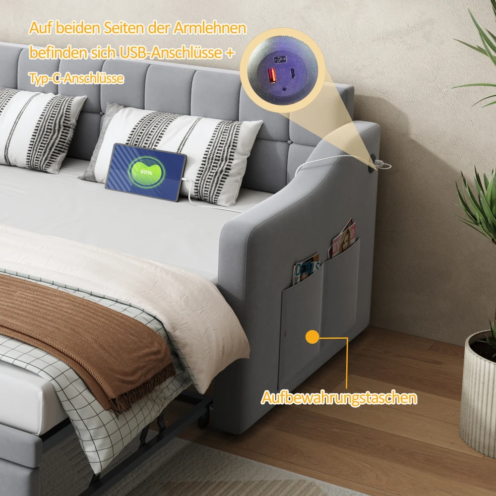 Gepolstertes Bett, Schlafsofa, Multifunktions-Schlafsofa, 90 x 180 x 190 cm, hellgraues, mit Samt gepolstertes Bett mit Steckdose und Aufbewahrungstasche – Detail 5