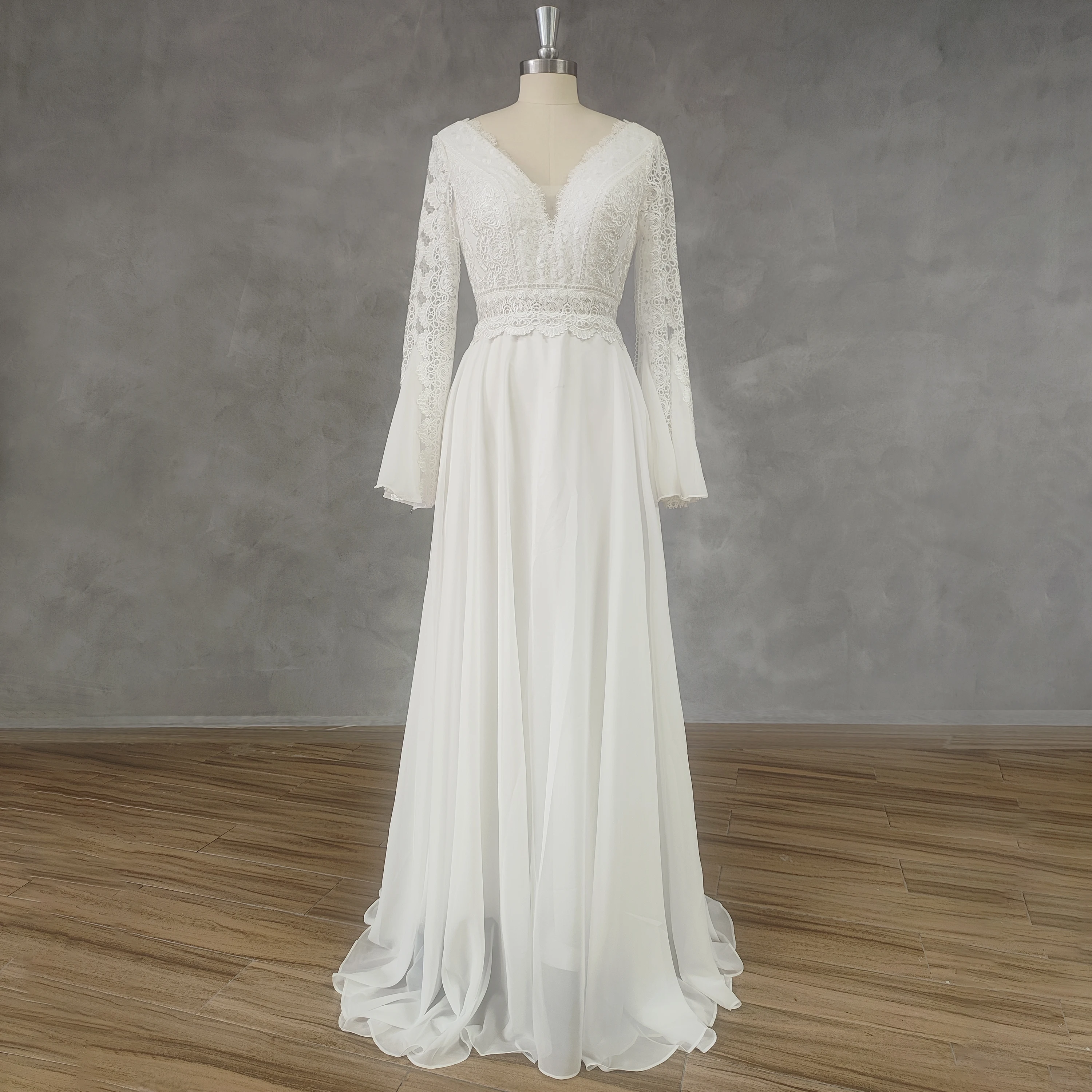 

DIDEYTTAWL Real Picture Boho Long Flare Sleeve V-Neck Wedding Dress Simple Chiffon Backless A-Line Lace Floor Length Bridal Gown