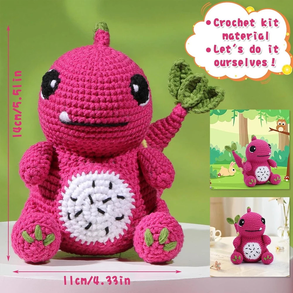 Zxiixz Crochet Animal Kit Dragon Fruit Color Knitting Kit with Step-by-Step Video Tutorials Yarn Crochet Hooks