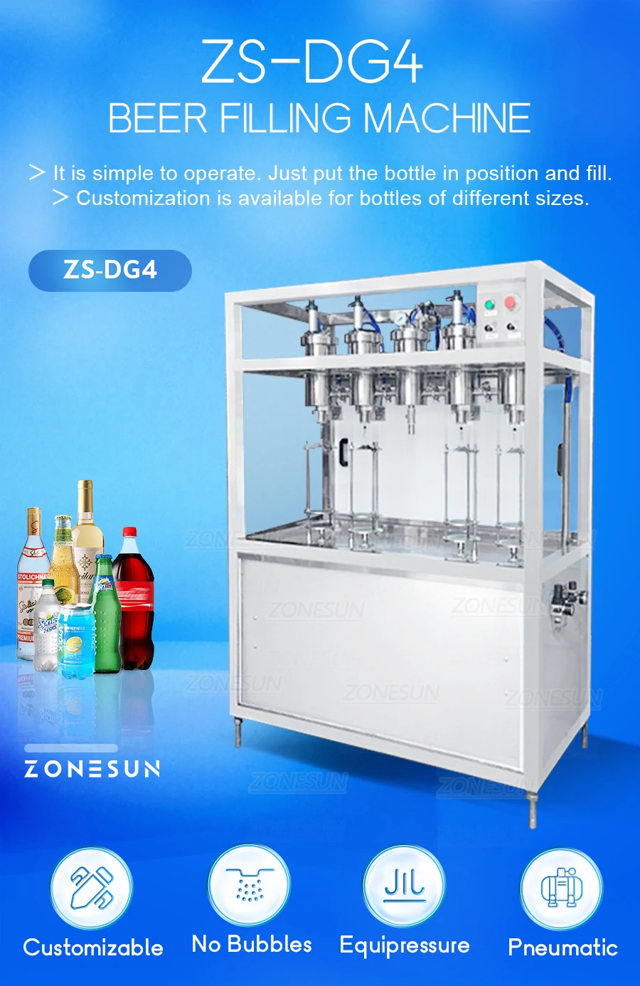 ZONESUN ZS-DG4 Equipressure Máquina de enchimento de líquido espumoso 