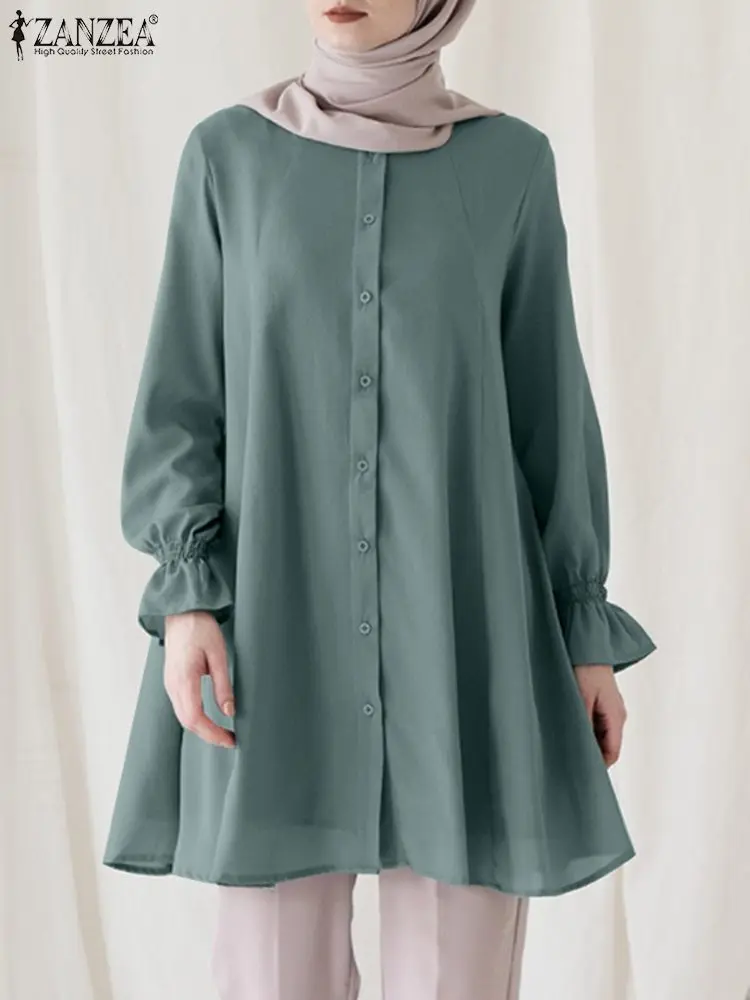 

ZANZEA Elegant Muslim Blouse Spring O-Neck Flare Sleeve Tops Casual Solid Kaftan Blusas Mujer Stylish Loose Chemise Ramadan