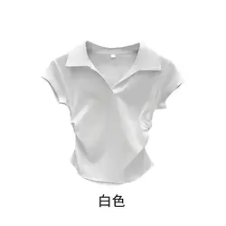 Cotton Summer Women's Sexy Slim - Fit Crop Top Polo Tee - S (White)