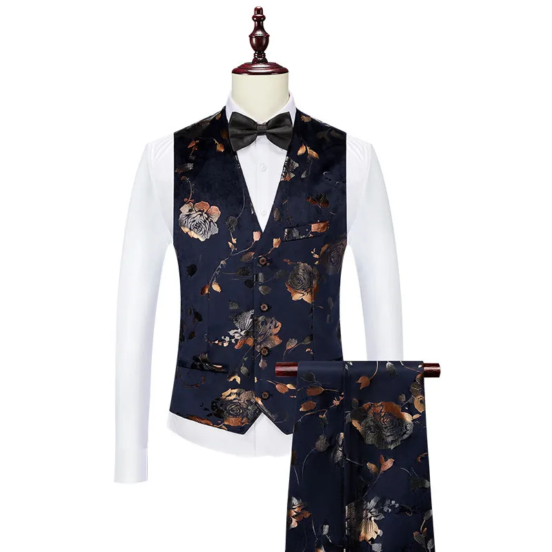 

2022 Fashion Brand Business Wedding Party Dress Vest and Pants Black / Navy Slim Fit Rose 2 Piece Set Men Clothing Size 6XL-S