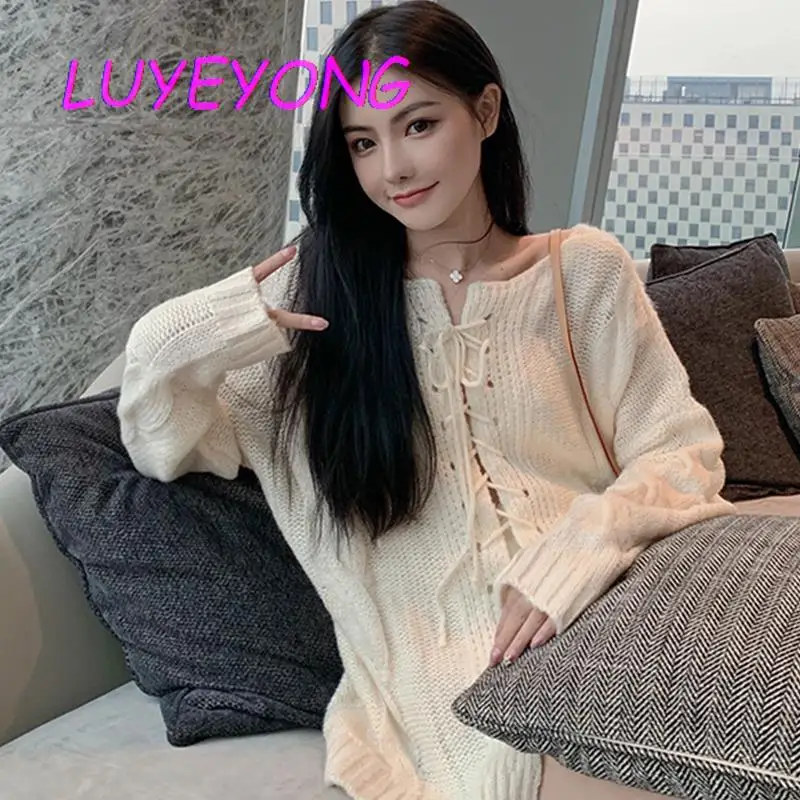 

Korean Fashion Cardigan Jumpers Y2k Girl Off Shoulder Lace-up Long Sleeve Sweaters Female Solid Color Slash Neck Slim Sweater