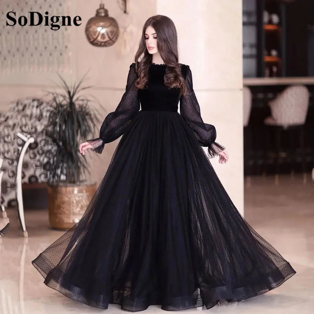 

SoDigne Black A Line Prom Dresses Arabic Dot Tulle O neck Modest Evening Dresses Long Sleeves Party Special Occasion Gown