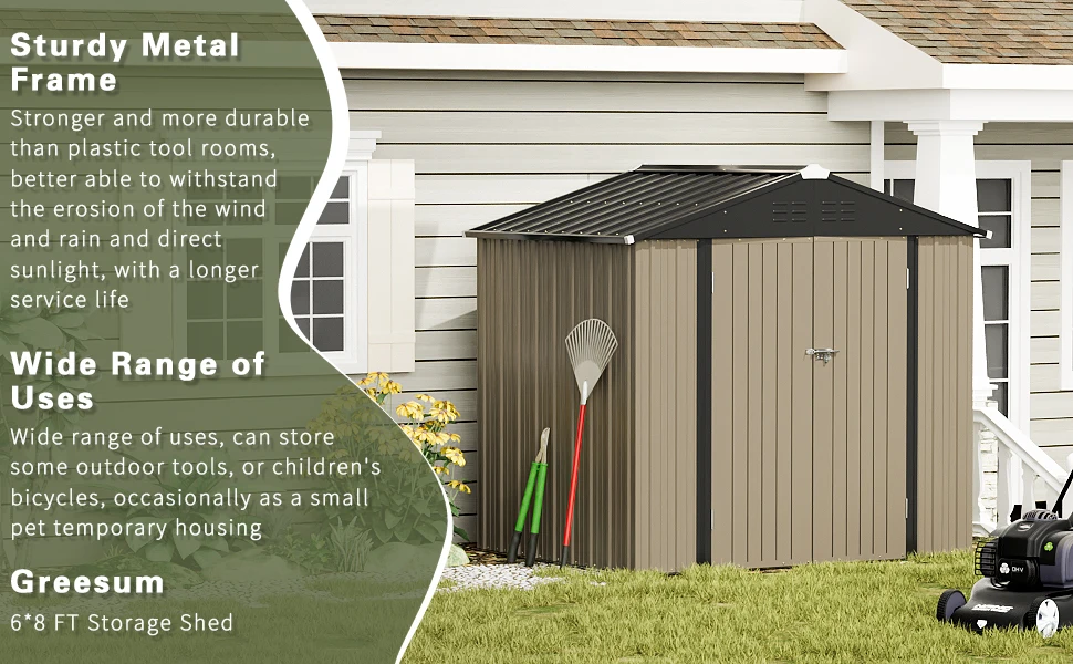 Description Picture 2 of itemGreeesum Outdoor 6 x 8 ft. Utility Tool Metal Garden Shed with Door & Lock for Patio Storage,Brown