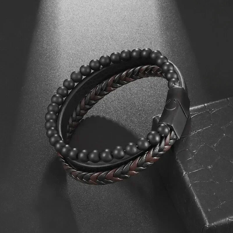 Vintage Punk Hand Woven Three Layer Leather Black Beaded Bracelet Magnetic Bracelet Clasp Men\'s Charm Business Event Jewelry 4