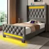 Twin Bed Frame with LED Light and Charging Station, Upholstered High Headboard and Footboard, Wood Slats, Noise Free, Grey 1