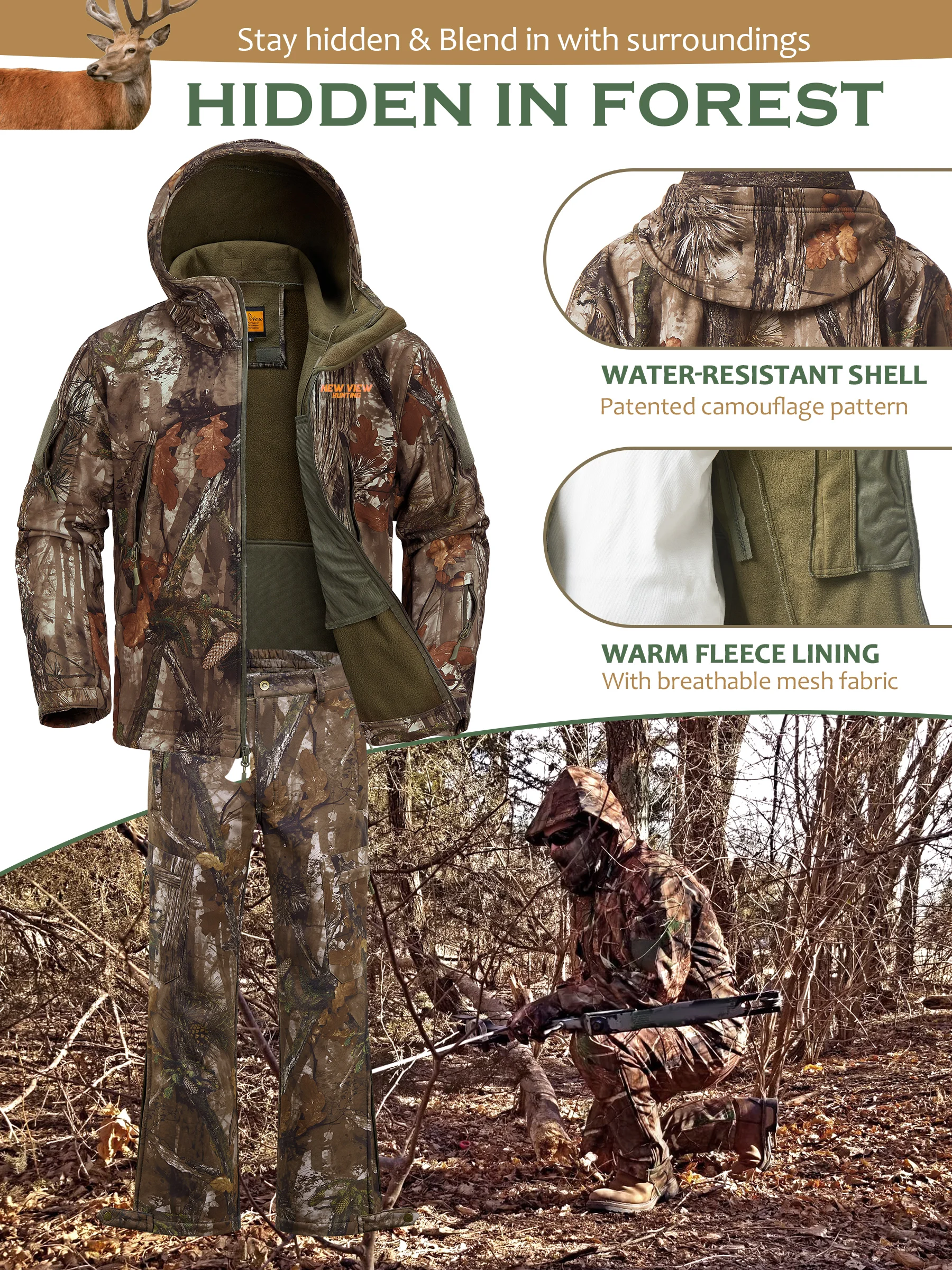 Camo Hunting Suit for Men - Water-Resistant Jacket and Pants with Warm Fleece Lining, Ideal for Cold Weather Hunting image 4