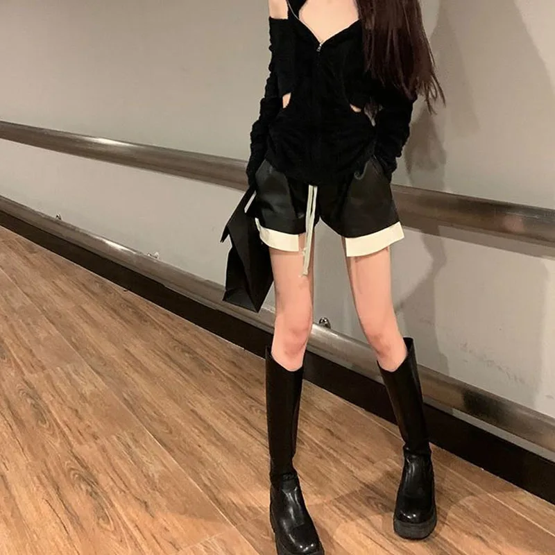 Temperament Casual Patchwork Split Leather Shorts Summer Women's Clothing Fashion Loose Straight Drawstring Pants for Female