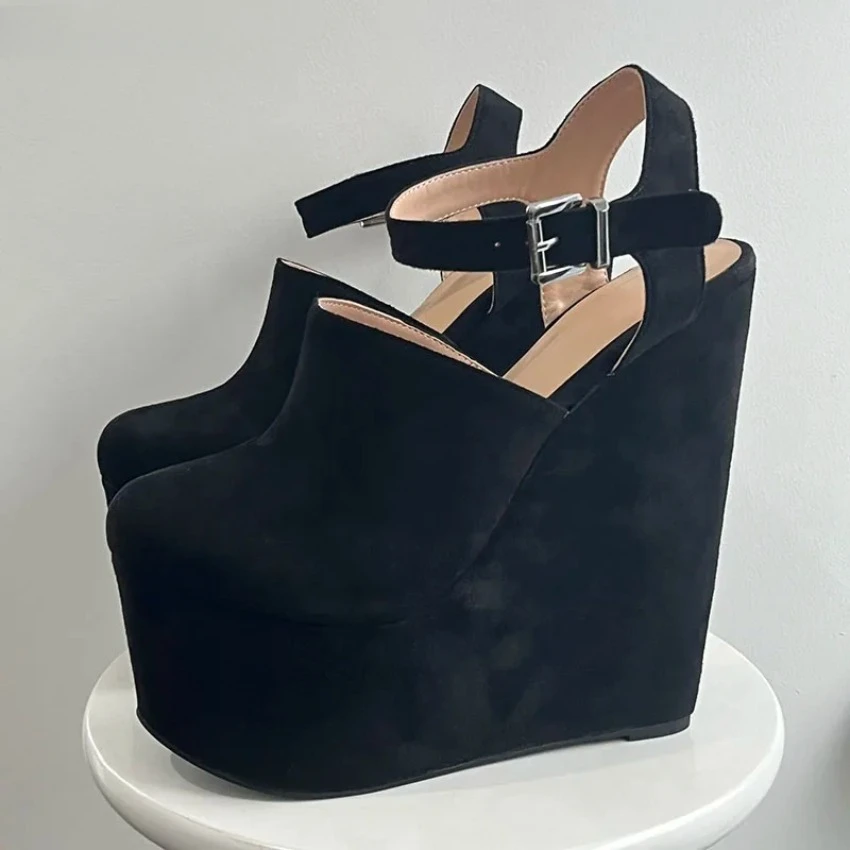 

2024 Handmade Women Platform Sandals Flock Wedges High Heels Round Toe Elegant Black Casual Shoes Ladies Size 5-15