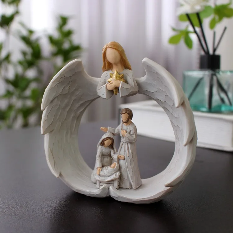 Description Picture 2 of itemAngelic Guardianship Nativity Statue Resin Manger Group Figurines Jesus Christian Catholic Religious Home Christmas Decorations