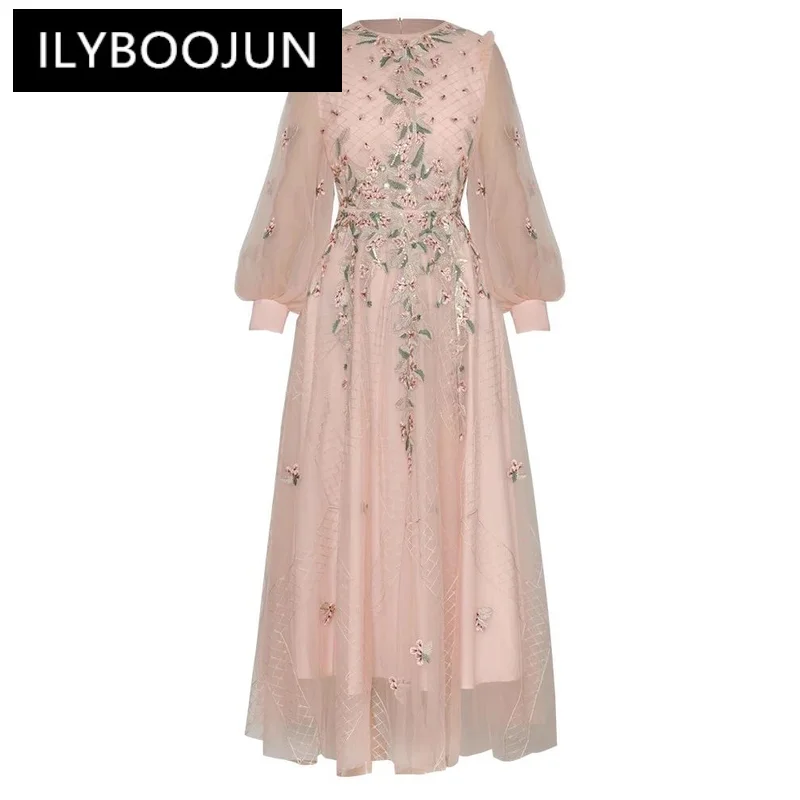 

ILYBOOJUN Fashion Designer Autumn Mesh Long Dress Women O-Neck Lantern Sleeve Sequins Floral Embroidery Vintage Party Dresses