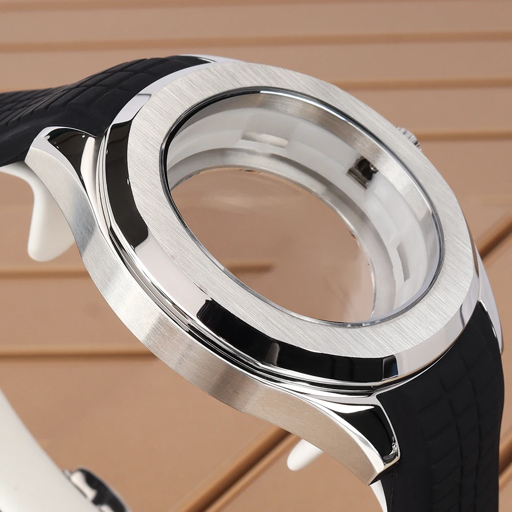 Silver Square Watch Case with Black and Blue Rubber Strap & Sapphire Crystal