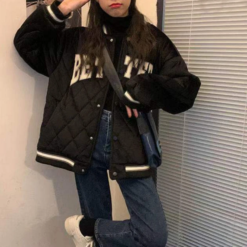 BEENLE Winter Jackets for Woman Korean Fashion Loose Letter Print Down Coats Vintage Baseball Uniform Cotton Quilted Cardigan