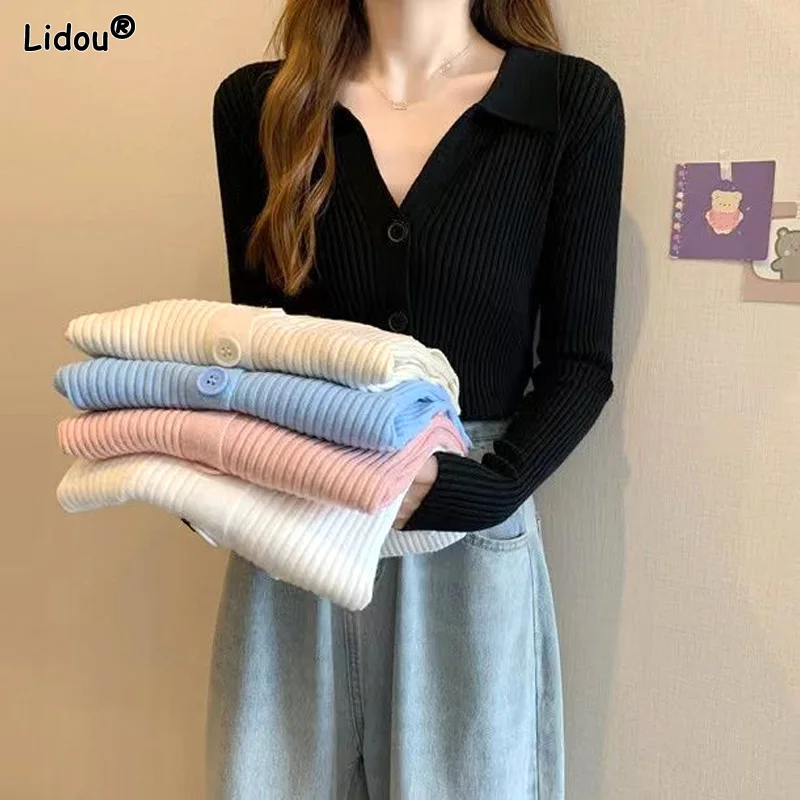 

Skinny Solid Fashion Sweaters Casual Button Turn-down Collar Women's Clothing 2022 Comfortable Autumn Winter Thin Knitted Tops