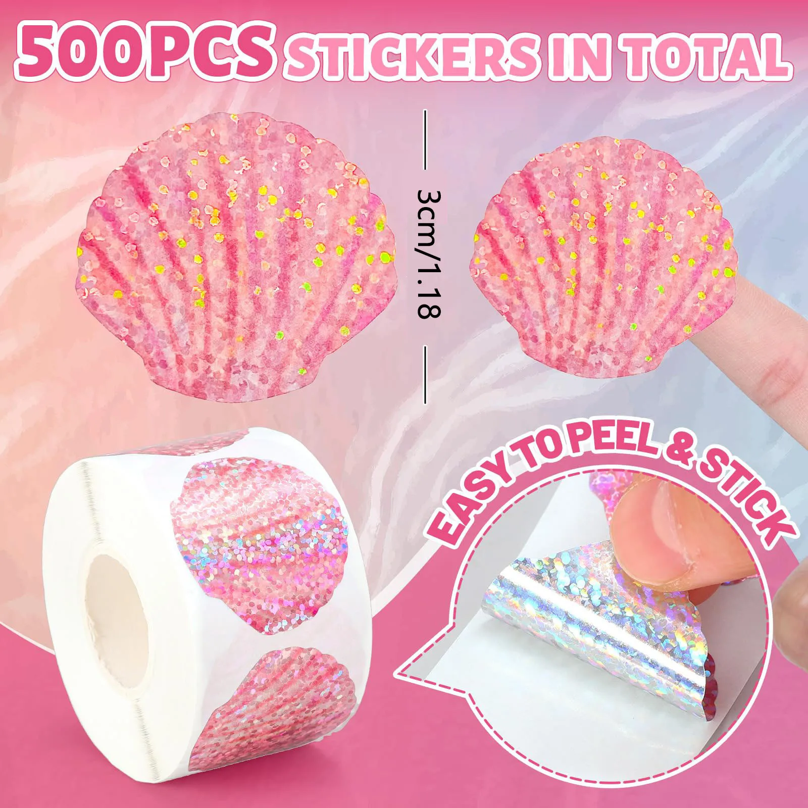 500 Pcs 여름 조개 스티커 롤 홀로그램 씰 스티커 반짝이 핑크 바다 조개 반짝 이는 자체 접착 데칼 생일용