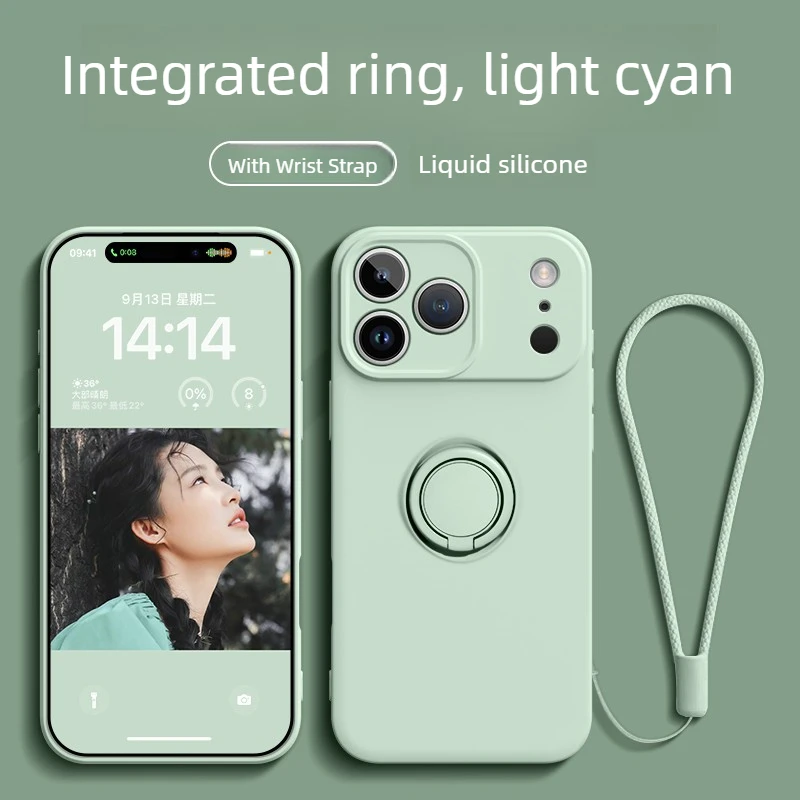 Liquid Silicone Phone Case with Ring Holder, Wrist Strap, and Shockproof Protection