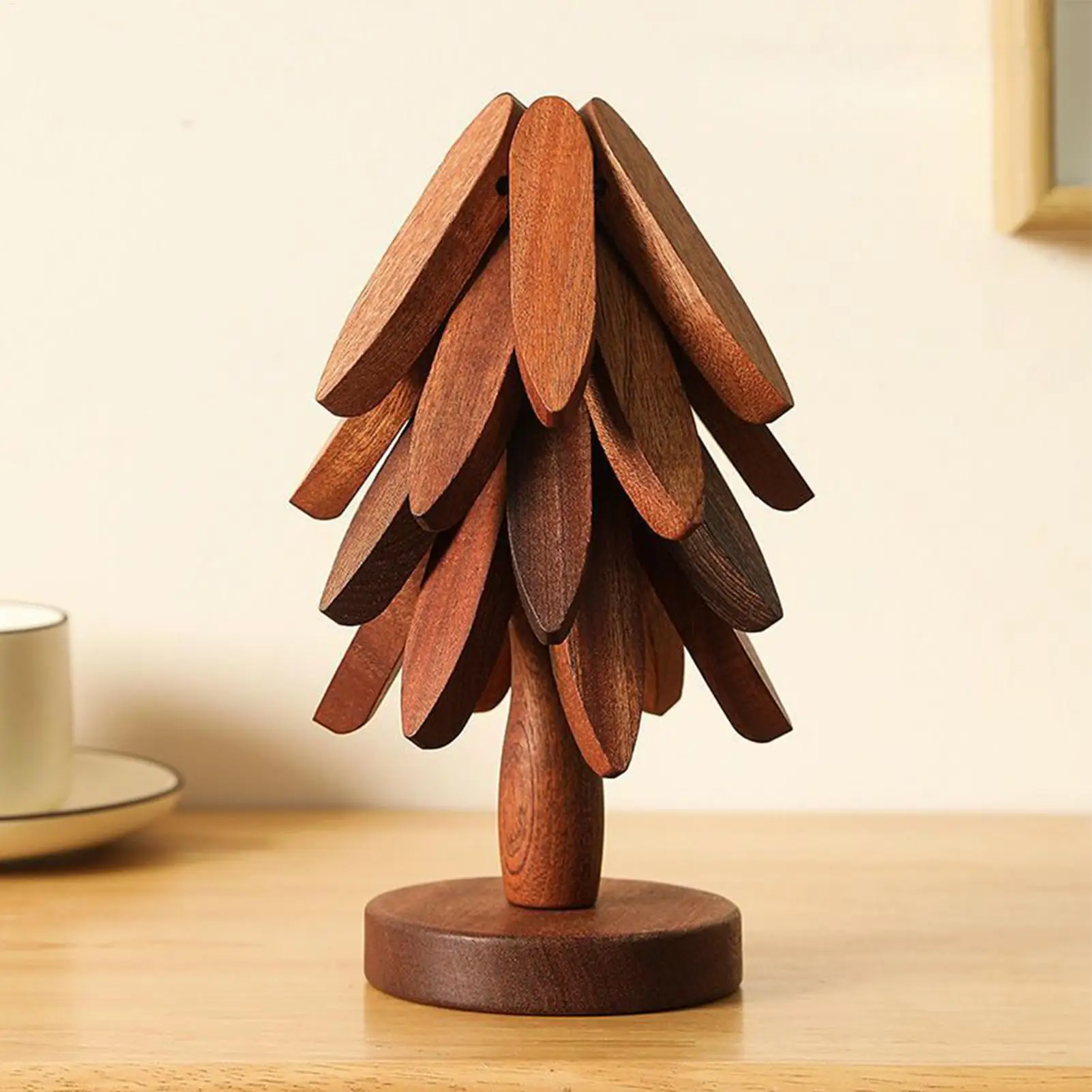Wooden Non-Slip Cup Coaster Set Creative Christmas Tree Shaped Trivet Insulation Coaster 4pcs Foldable Kitchen Placemat