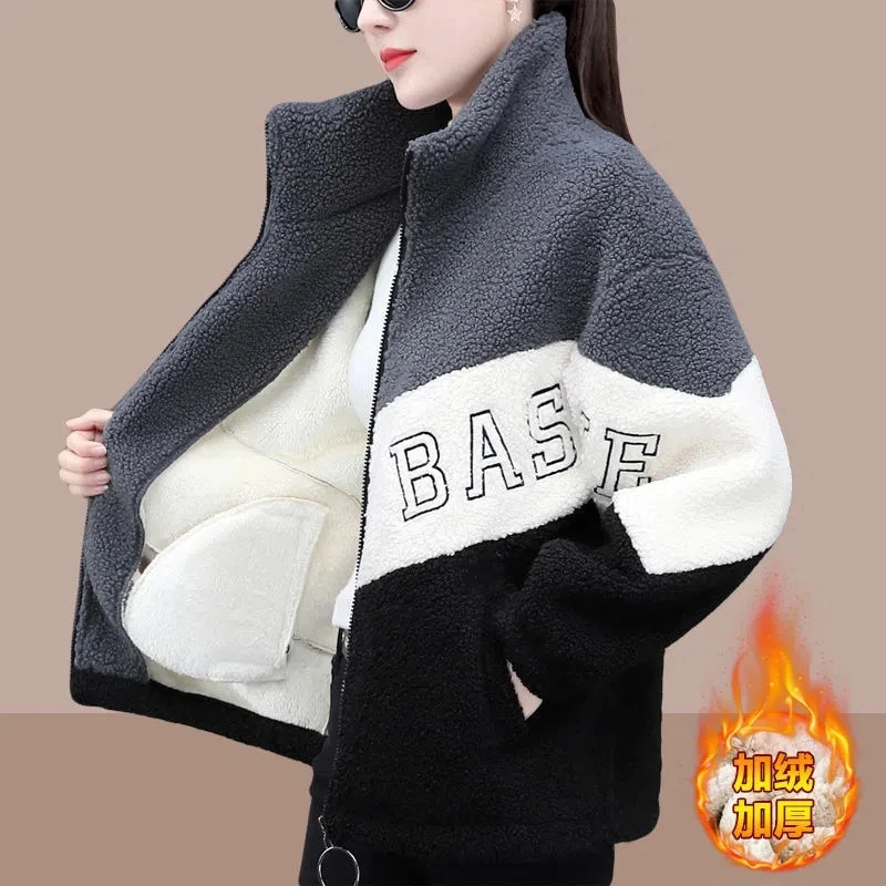 

Thicken Stitching Lamb velvet Jacket Women's 2022 Autumn Winter New Loose Short Coat Casual Female Zipper Sweatshirt Outwear Top
