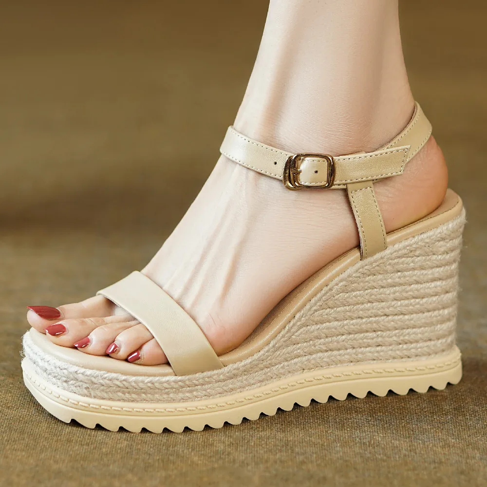 

Women's genuine leather wedge platform high heel sandals narrow band open toe summer female british style hemp bohemia pumps HOT