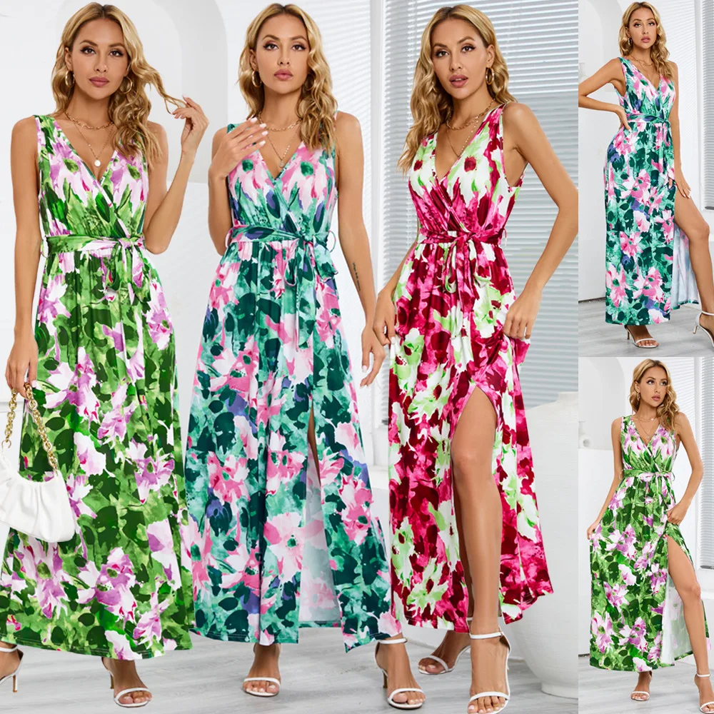 

2023 New Bohemian Printed Long Dress Sleeveless V-neck Split Dress Sexy Dress wedding dresses for women