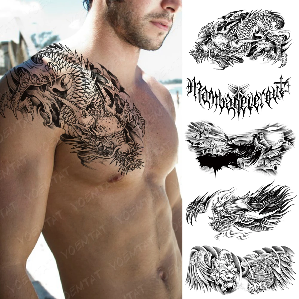 Black Dragon Spray Large Chest Tattoo For Men Old School Waterproof  Temporary Tattoo Sticker Waist Art Designs Women Fake Tatoo - AliExpress