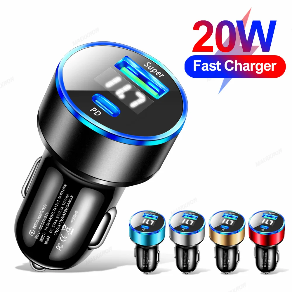 3.1A USB PD Car Charger 2 Port LED Display Voltmeter 12-24V Cigarette Lighter Socket Car Charger Adapter