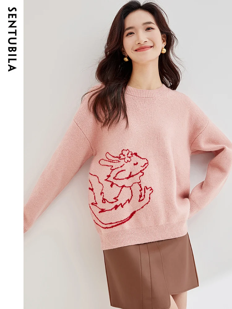 

SENTUBILA Cute Animal Graphic Sweater for Women 2023 Autumn Winter Fashion Round Neck Loose Thick Warm Knit Sweaters W34E52410