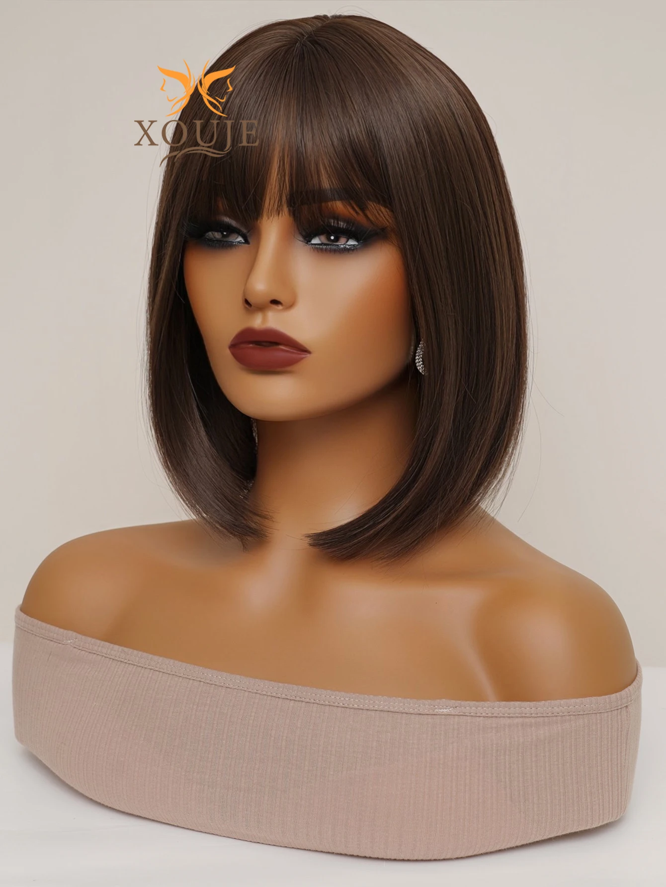 XOUJE 14 Inch Long Straight Wigs with Bangs Natural Brown Wigs for Daily Wear Comfortable Elegant Synthetic Wigs