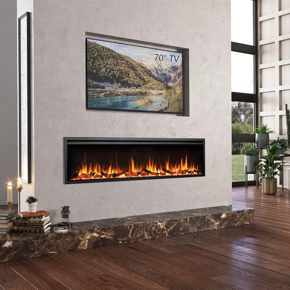 72" W Smart Wall Mount & in Wall Recessed Electric Fireplace Insert, Heater 750W/1500W, Multi Colors of Flame & Fuel Bed 2