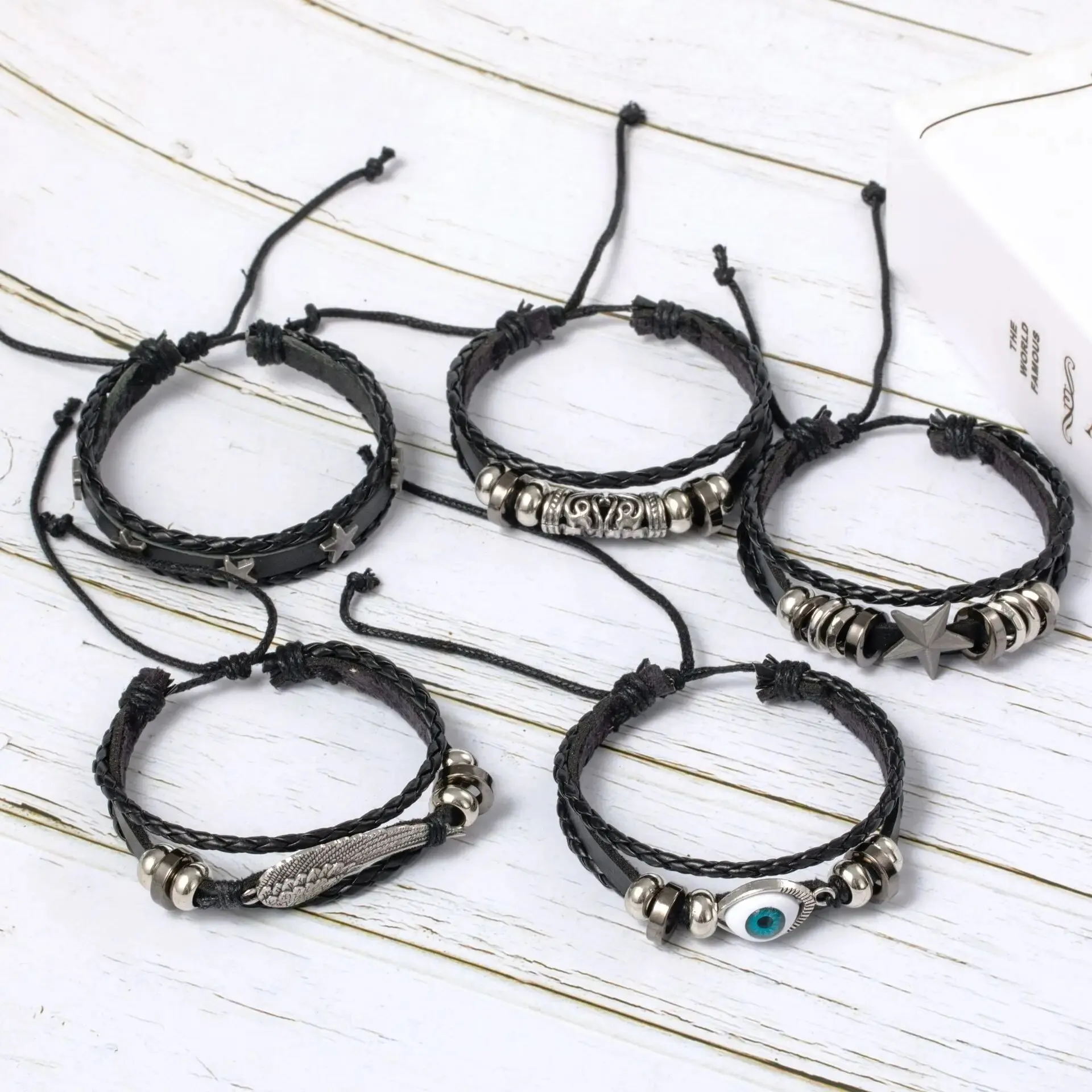 5pcs Evil Eye Wing Star Diy Braided Punk Style Bracelet Set, Featuring Pu Leather And Beads 5