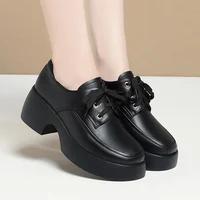 2024 Elegant Versatile Lace Up Comfortable Soft Leather Shoes Woman New Retro Thick Sole High Heel Casual Single Shoes 1