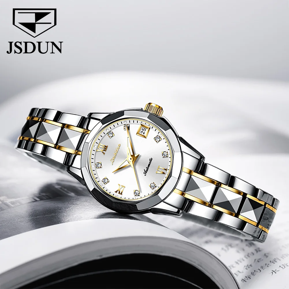 JSDUN Elegant Mechanical Watch for Women Luxury Brand Synthetic Sapphire Tungsten Steel Strap Watches Automatic Date Clock 8813
