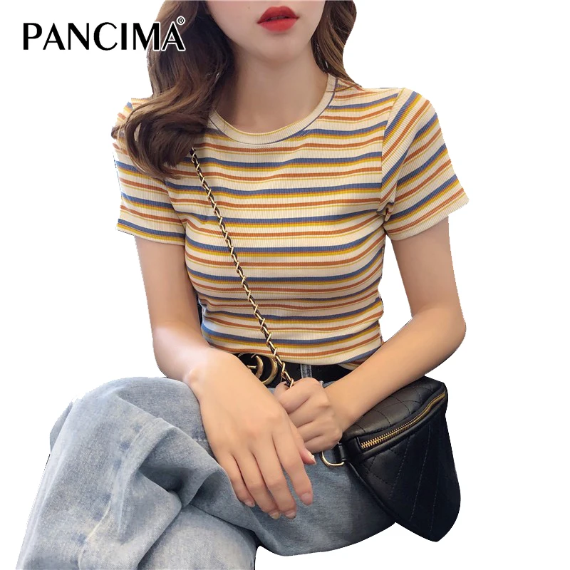

PANCIMA Cotton Shoulder T-shirt Women's Short Sleeve Summer 2023 New Thin Slim Slim Contrast Stripe T-shirt Short Top