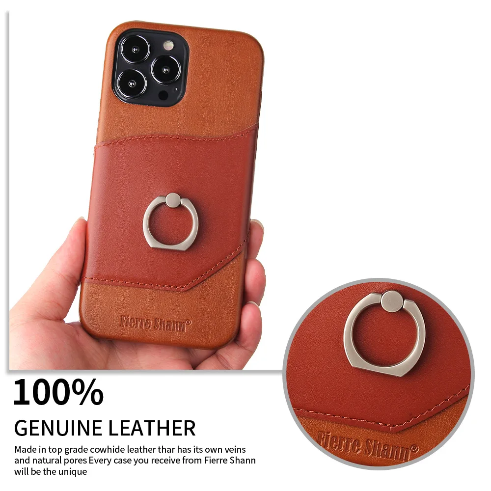 Genuine Leather Wallet Credit Card Slot Back Cover For iPhone 15 Pro Max 14 13 12 11 Pro Max 15 Plus 13 Pro Max Ring Case