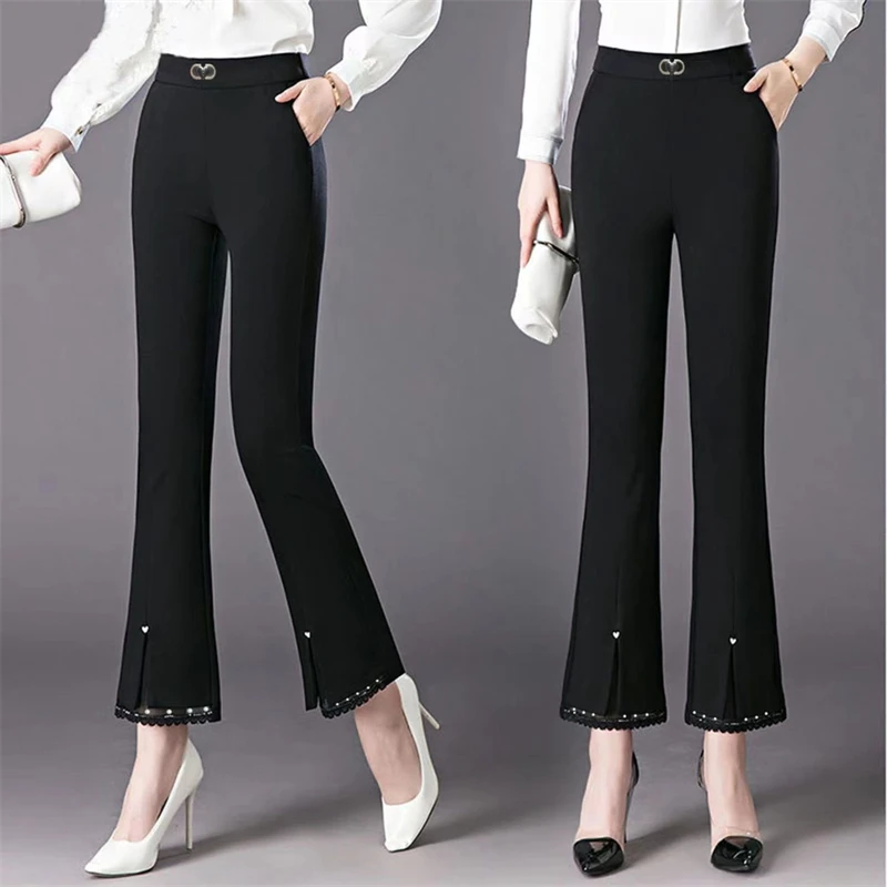 2023 Autumn Winter Women Korean Beaded Lace Patchwork Chic Elegant Flare Pants Ladies Black Plush High Waist Trousers Pantalones