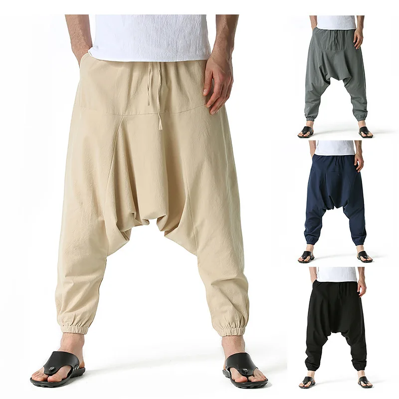 blue harem pants Men's Hippie Baggy Genie Boho Yoga Harem Pants Cotton Low Drop Crotch Joggers Sweatpants Casual Hip Hop Streetwear Trousers 3XL harem pants men