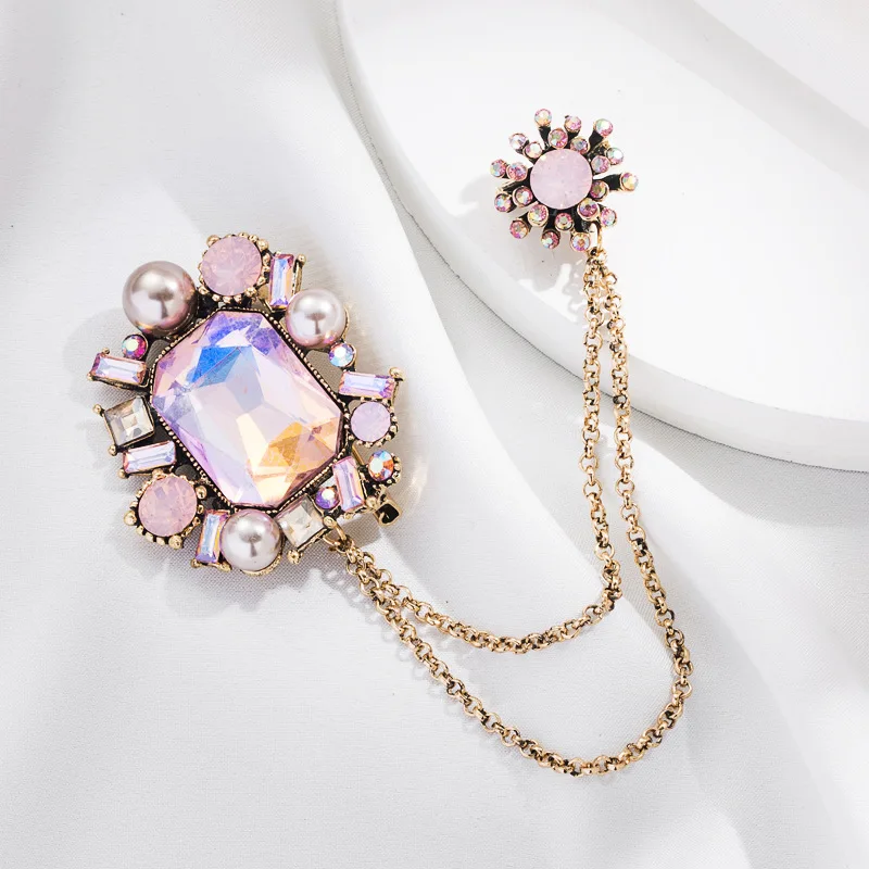 Women Men Colorful Rhinestone Jewelry Brooches Chains