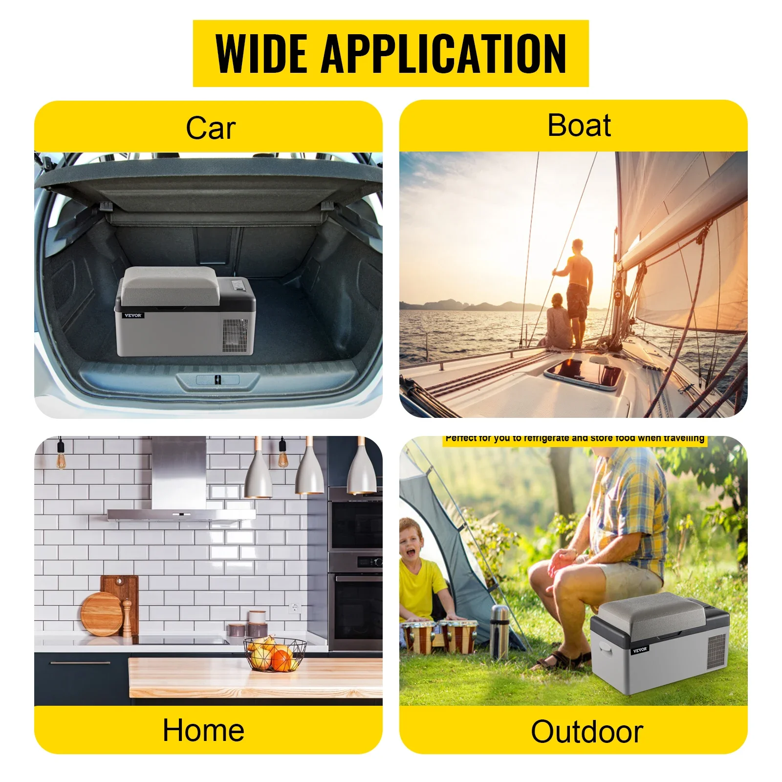 VEVOR portable refrigerator for car, boat, home, and outdoor use.