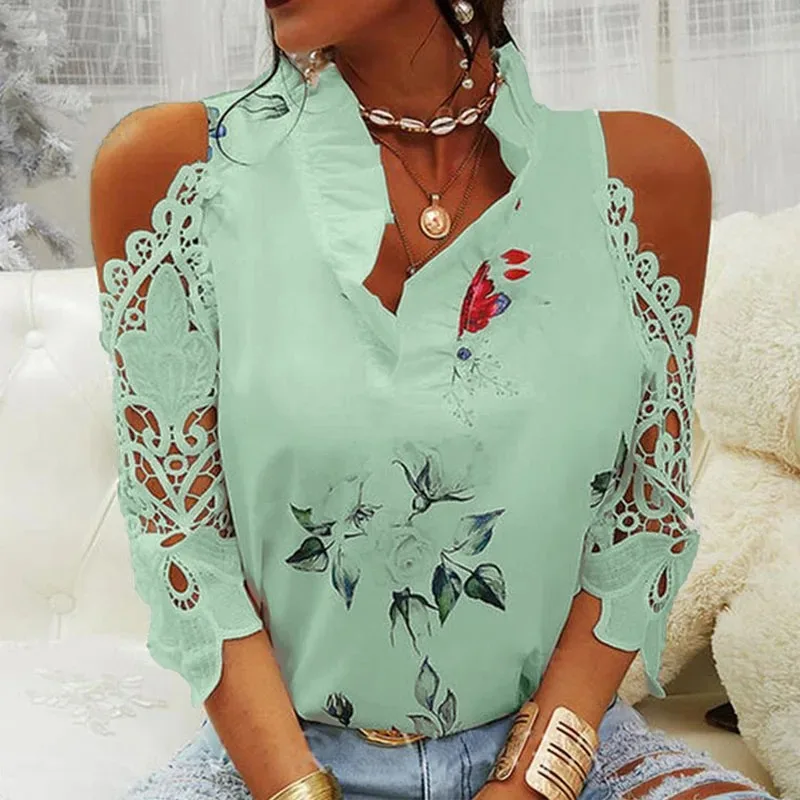 Women's Sexy Hollow Out Print Blouses Elegant Short Sleeve Lace Shirt V-Neck Female Strapless Blouse Casual Tops Summer 19361