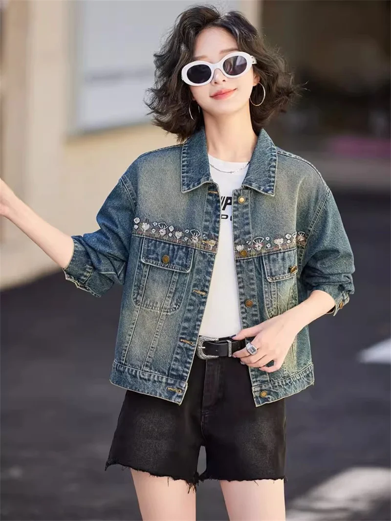 2025 Spring Sequin Embroidery Short Coat Female BF Loose Denim Jacket Tops Femme Jeans Jacket Female Blouses Outwear Autumn