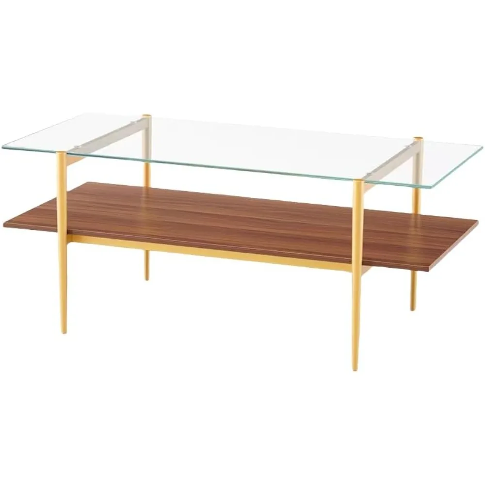 Mid-Century Modern Coffee Table, Clear Glass Top, Gold Metal Legs, 2-Tier Walnut Shelf, 41"D x 21"W x 17"H