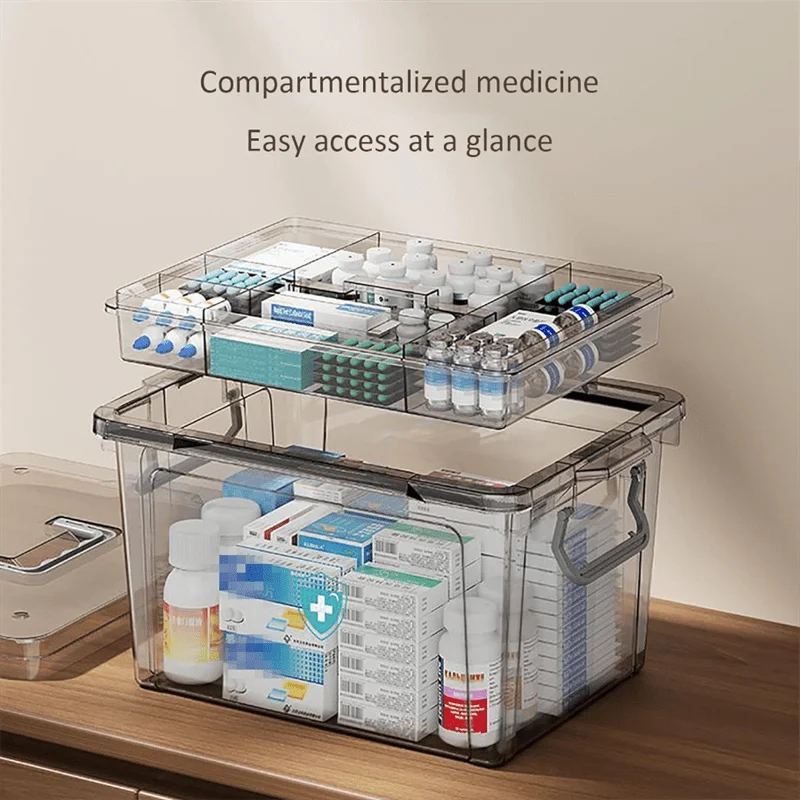 Waterproof Double-Layer Medicine Organizer - Transparent, Multi-Compartment Storage Box for Home & Bedroom First Aid Supplies