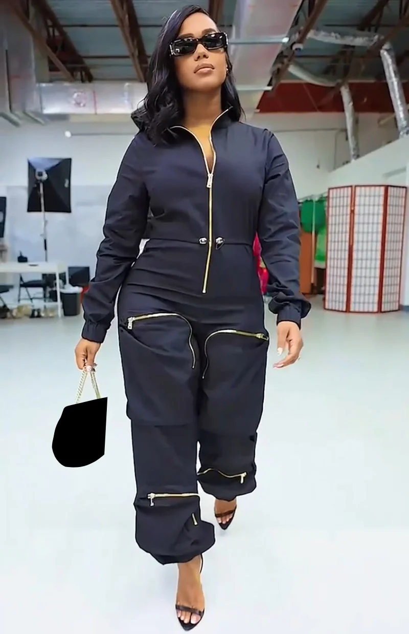 

KEXU Pocket Front Zipper Fly Long Sleeve Elastic Waist Cargo Jumpsuit 2023 Fashion Women Street Safart Style One Piece Suit