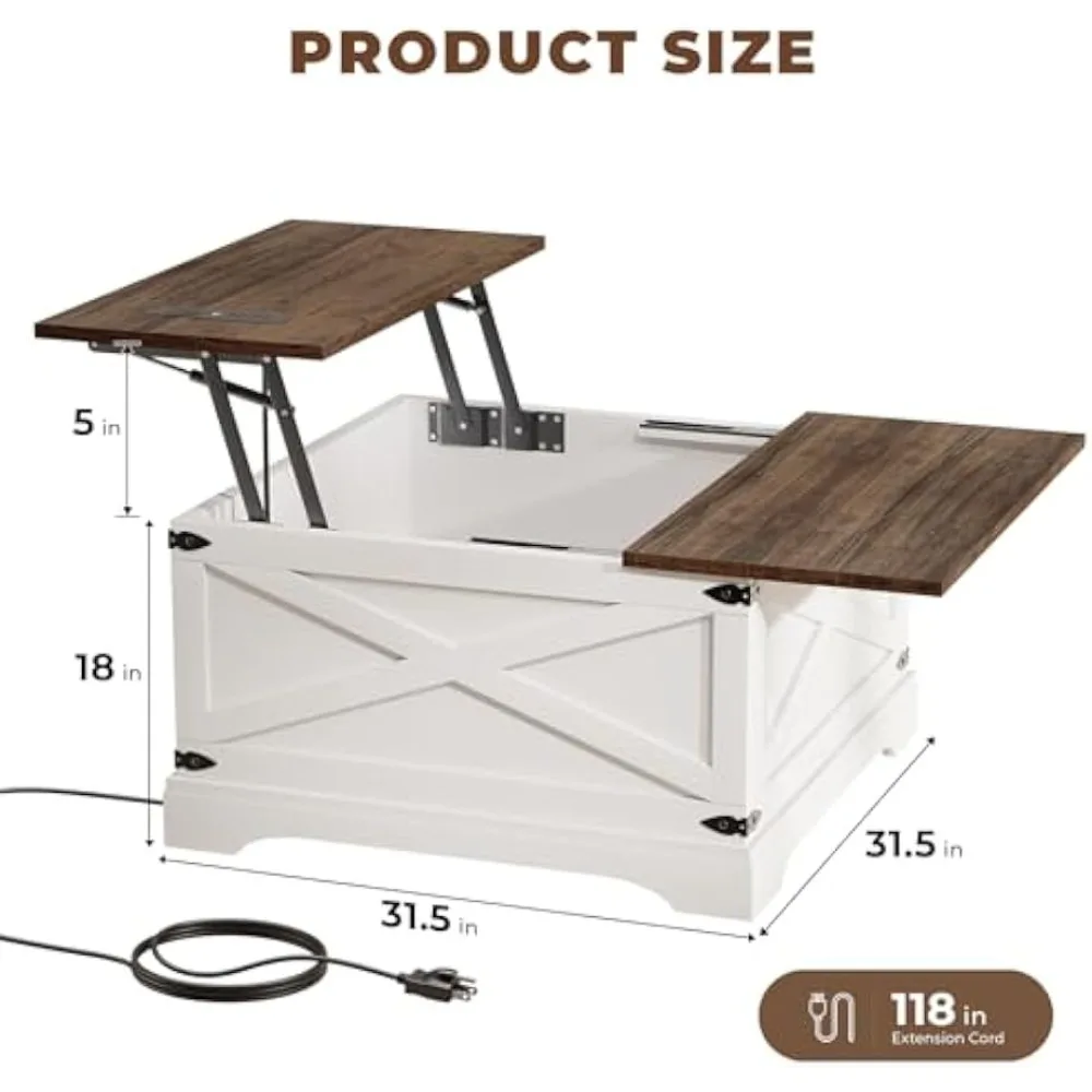 Lift Top Coffee Table with Storage, Square Coffee Table for Living Room with Wireless Charging, Farmhouse Coffee Table 2