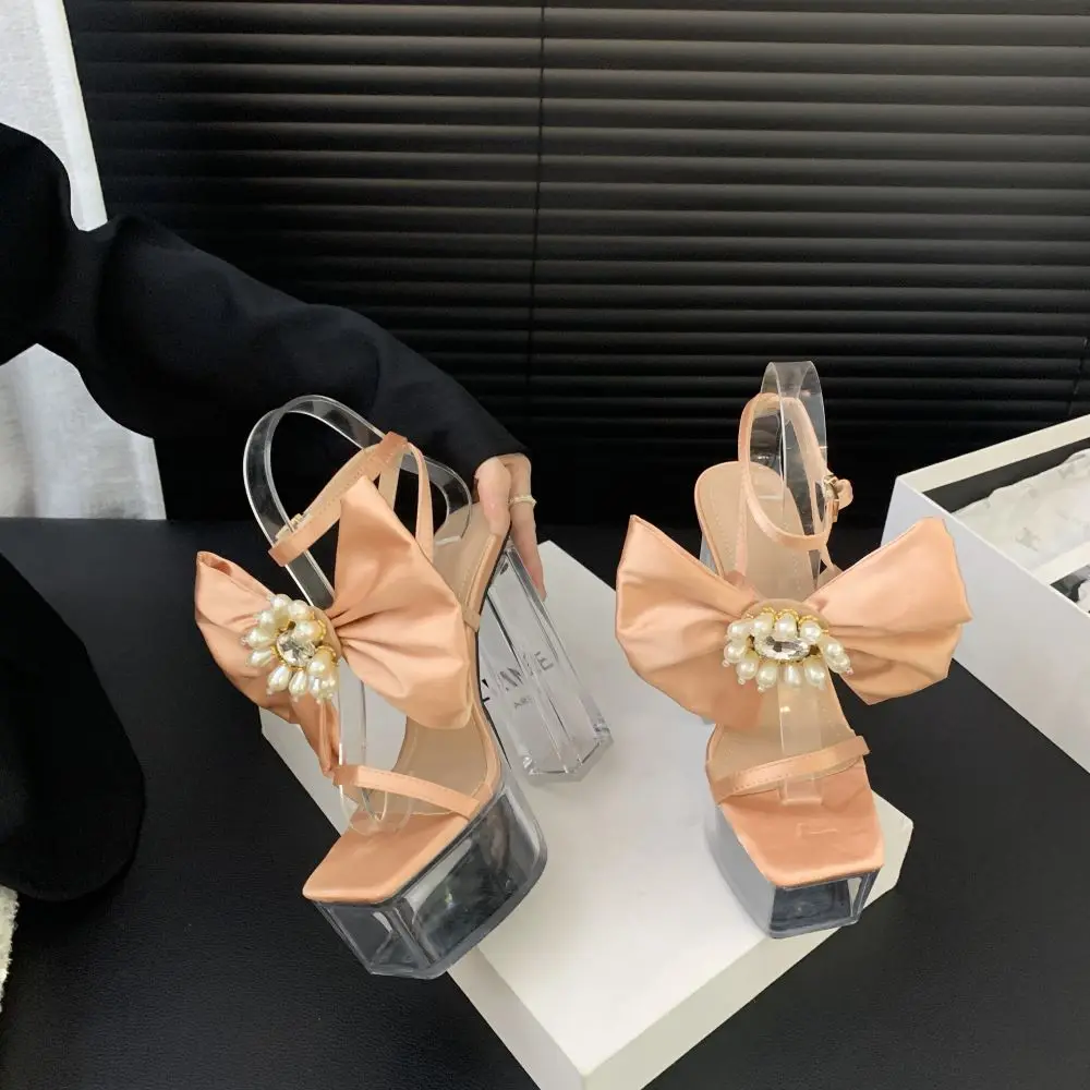 

Xibeilove Summer New Women's Sandals Water Diamond Bow Crystal Thick Heel High Heel Banquet Shoes Classic Dress Shoes
