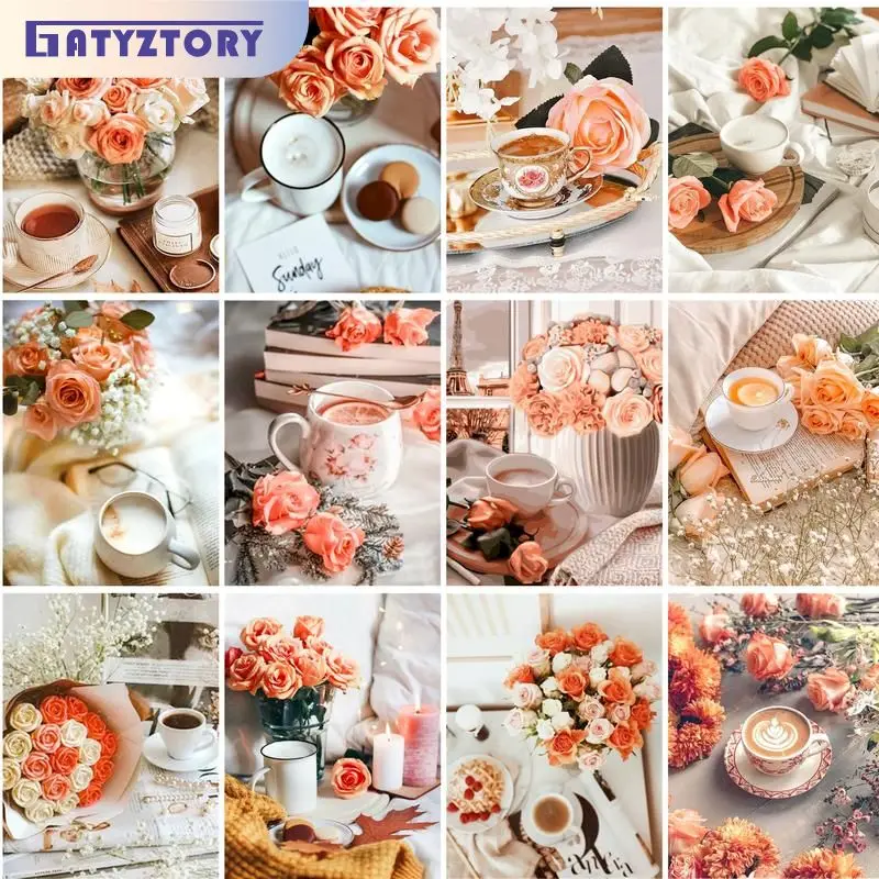 GATYZTORY Diamond Painting Flower Coffee Diamond Mosaic Still life Cross Stitch Full Set Embroidery Crystal Full Round D
